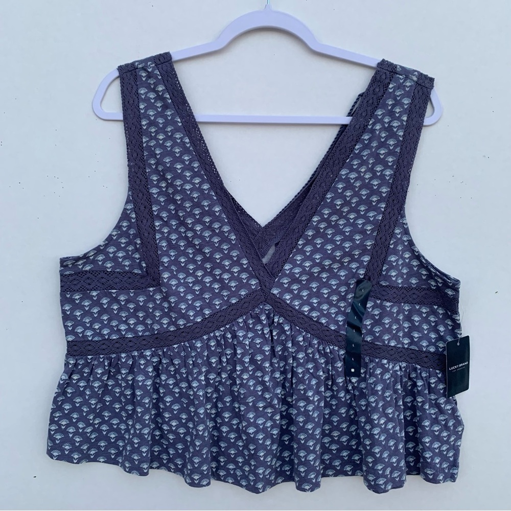 Lucky Brand Geo Lace Trip Ruffle Tank Top Womens Large Blue /white 100% Cotton
